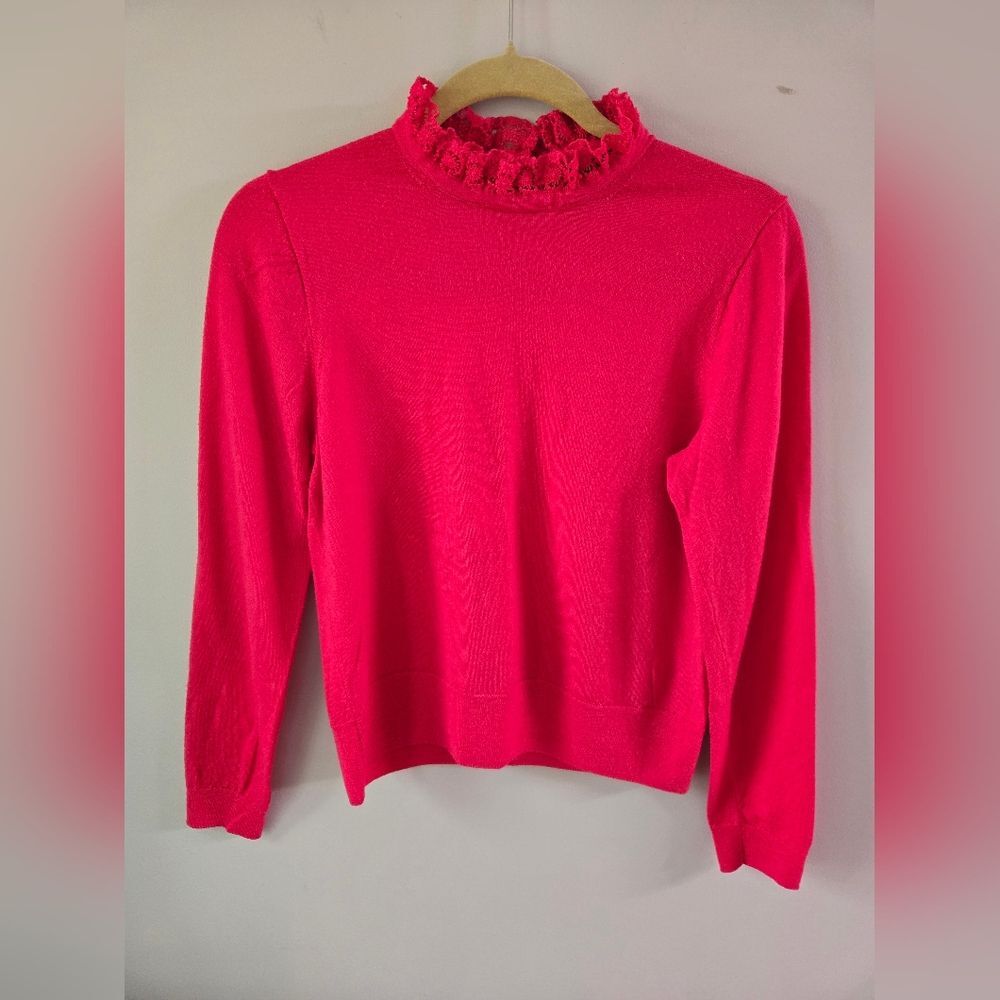 J.Crew 100% Merino Wool Lace Ruffle Neck Sweater - Pink - Large